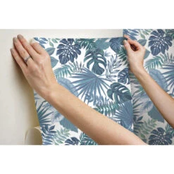 Roommates Palm Frond Toss Peel & Stick Wallpaper In Blue 7 Roommates Palm Frond Toss Peel & Stick Wallpaper In Blue -Roommates RMK12044RL hangingwallpaper