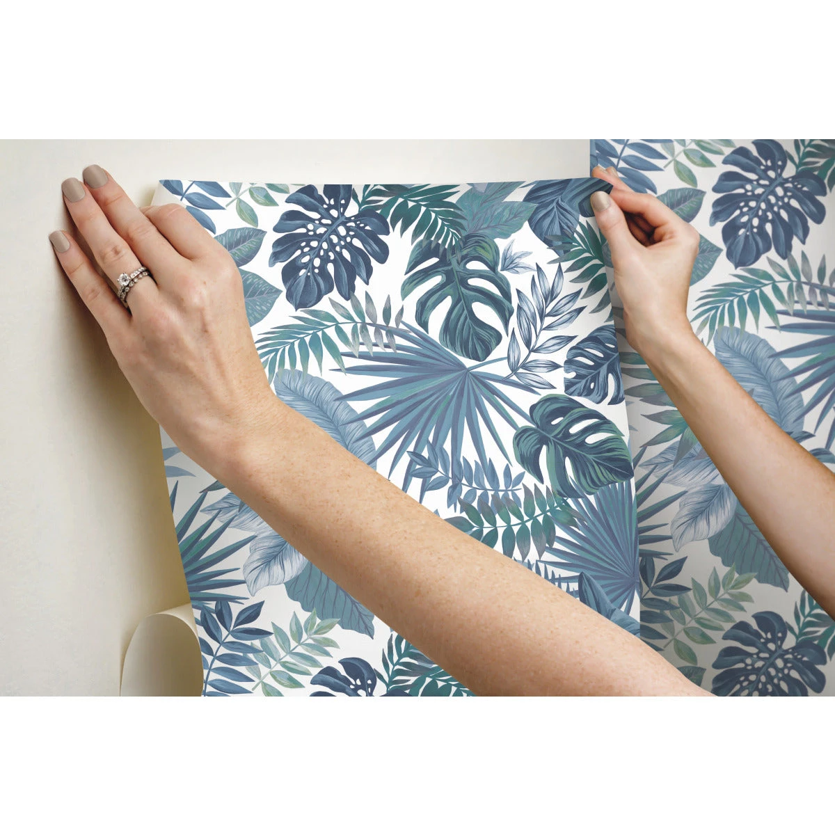 Roommates Palm Frond Toss Peel & Stick Wallpaper In Blue 4 Roommates Palm Frond Toss Peel & Stick Wallpaper In Blue - Image 4