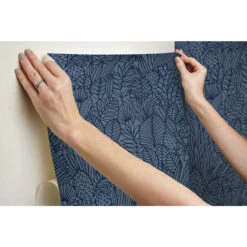 Roommates Tropical Leaves Sketch Peel & Stick Wallpaper In Blue -Roommates RMK12046WP hangingwallpaper