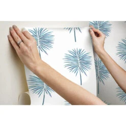 Roommates Cat Coquillette Fun Fronds Peel & Stick Wallpaper In Blue -Roommates RMK12054RL hangingwallpaper