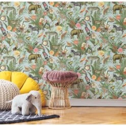 Roommates Tropical Zoo Peel & Stick Wallpaper In Green/Blue -Roommates RMK12202WP TropicalZoo RS3