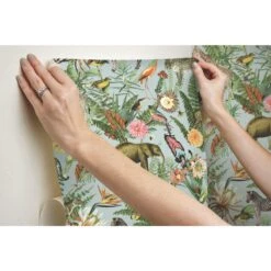 Roommates Tropical Zoo Peel & Stick Wallpaper In Green/Blue -Roommates RMK12202WP hangingwallpaper