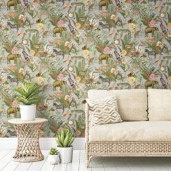 Roommates Tropical Zoo Peel & Stick Wallpaper In Green/Grey -Roommates RMK12203WP TropicalZoo RS1