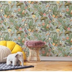 Roommates Tropical Zoo Peel & Stick Wallpaper In Green/Grey -Roommates RMK12203WP TropicalZoo RS3