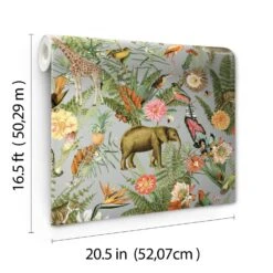 Roommates Tropical Zoo Peel & Stick Wallpaper In Green/Grey -Roommates RMK12203WP roll