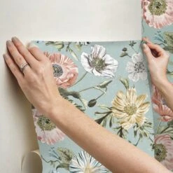 Roommates Vintage Poppy Peel & Stick Wallpaper In Blue 9 Roommates Vintage Poppy Peel & Stick Wallpaper In Blue -Roommates RMK12282PL hangingwallpaper