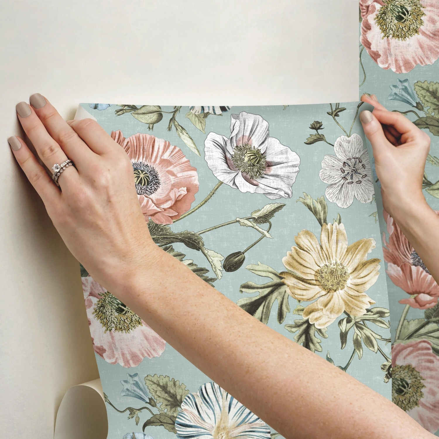 Roommates Vintage Poppy Peel & Stick Wallpaper In Blue 4 Roommates Vintage Poppy Peel & Stick Wallpaper In Blue - Image 4