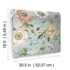 Roommates Vintage Poppy Peel & Stick Wallpaper In Blue 10 Roommates Vintage Poppy Peel & Stick Wallpaper In Blue -Roommates RMK12282PL roll