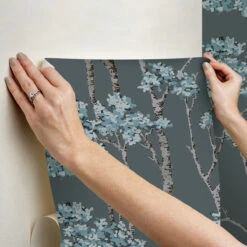 Roommates Birch Grove Peel & Stick Wallpaper In Blue/Brown -Roommates RMK12344PLW hangingwallpaper