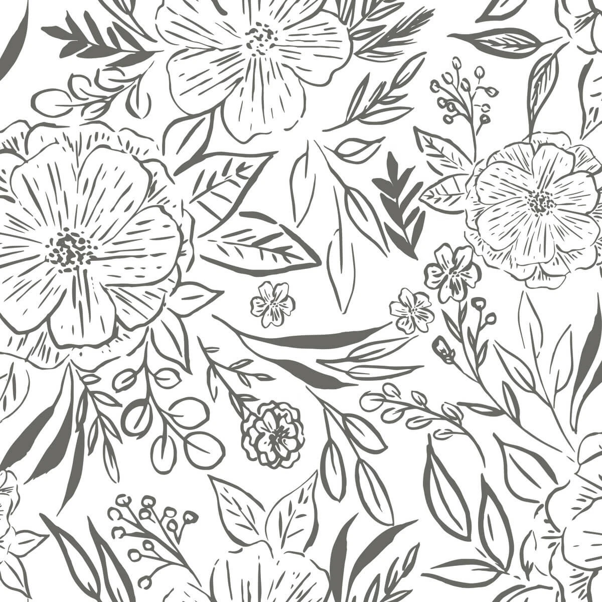 Roommates Floral Sketch Peel & Stick Wallpaper In Grey 1 Roommates Floral Sketch Peel & Stick Wallpaper In Grey