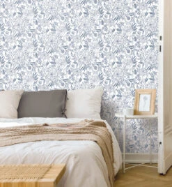 Roommates Floral Sketch Peel & Stick Wallpaper In Blue -Roommates RMK12361PLW RS1
