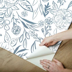Roommates Floral Sketch Peel & Stick Wallpaper In Blue -Roommates RMK12361PLW peel