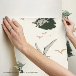 Roommates JW Dominion Vintage Dinosaurs Peel & Stick Wallpaper In Green -Roommates RMK12447RL hangingwallpaper