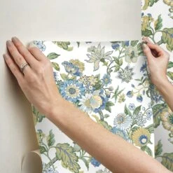Roommates Waverly Graceful Garden Peel & Stick Wallpaper In Blue/Yellow -Roommates RMK12598PL hangingwallpaper