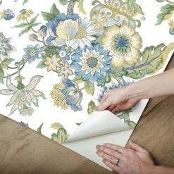 Roommates Waverly Graceful Garden Peel & Stick Wallpaper In Blue/Yellow -Roommates RMK12598PL peel