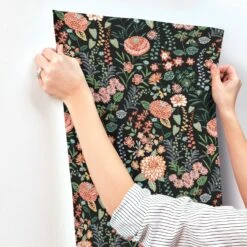 Roommates Waverly Fiona Floral Peel & Stick Wallpaper In Black -Roommates RMK12613PLW HangingWallpaper