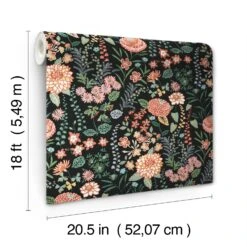 Roommates Waverly Fiona Floral Peel & Stick Wallpaper In Black -Roommates RMK12613PLW Roll