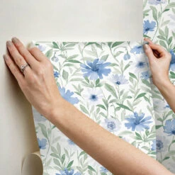 Roommates Flower Market Peel & Stick Wallpaper In Blue/Mint -Roommates RMK12634PL Hang