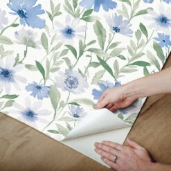 Roommates Flower Market Peel & Stick Wallpaper In Blue/Mint -Roommates RMK12634PL Peel