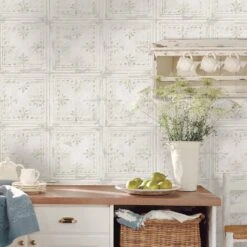Roommates Tin Tile Peel & Stick Wallpaper In White -Roommates Tin Tile Bloom Peel Stick Wallpaper in White by RoomMates for York Wallcoverings 3